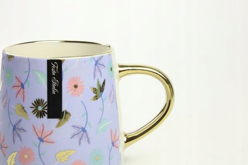 KUBEK PORCELANOWY DO KAWY HERBATY WZÓR KWIATY 400ML ZE ZŁOTYM UCHEM na Arena.pl