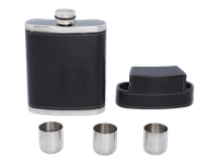 Elegancka Czarna Piersiówka Obszyta Skórą w Zestawie z Kieliszkami w Etui