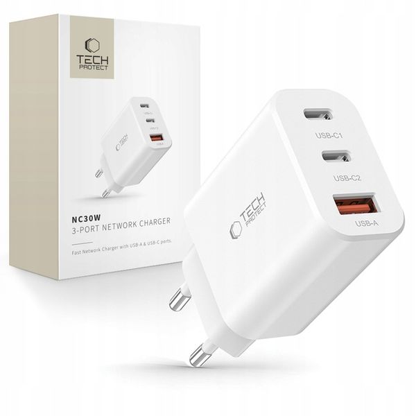 MOCNA SIECIOWA ŁADOWARKA ZASILACZ USB-A USB-C TYPE-C PD 30W - 3 PORTY zdjęcie 1