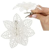 Gwiazda betlejemska, sztuczny kwiat, poinsecja ażurowa, biała z brokatem na klipsie