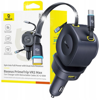 Ładowarka samochodowa USB-C USB-A ze zwijanymi kablami USB-C 60W - czarna