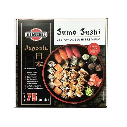 Sumo Sushi Set | Podstawowy Zestaw Produktów do Sushi [Algi Nori | Sos Sojowy | Ocet Ryżowy | Imbir Marynowany | Pasta Wasabi | Mata Bambusowa | Pałeczki] Miyata na Arena.pl