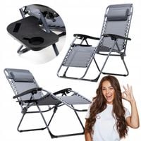LEŻAK OGRODOWY PLAŻOWY SKŁADANY ZERO GRAVITY PODUSZKA UCHWYT NA NAPÓJ SZARY