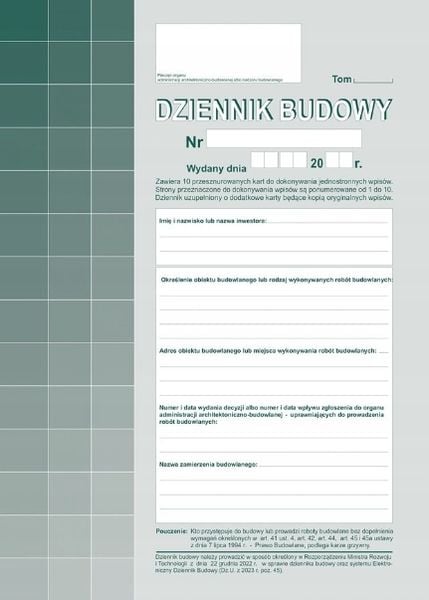 dziennik budowy 10kpl a4(o+k) zdjęcie 1