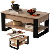Banca-masa de cafea din lemn in stil loft, extensibila, cu blat rabatabil si compartiment de depozitare, 92 cm BADU