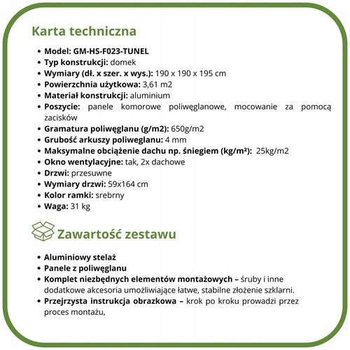 SZKLARNIA OGRODOWA POLIWĘGLAN DOMEK 1,9x1,95m 3,61m2 OCHRONA UV na Arena.pl