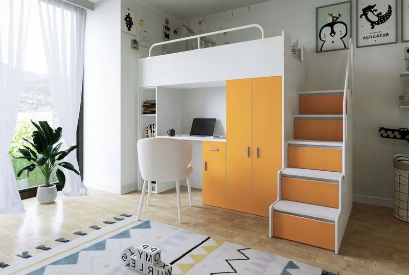 Łóżko piętrowe JSM4 80x190 z biurkiem pomarańcz + materac Cezar K1 zdjęcie 4