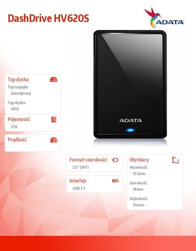 Adata Dysk DashDrive HV620S 2TB 2.5 USB3.0 Slim Czarny na Arena.pl