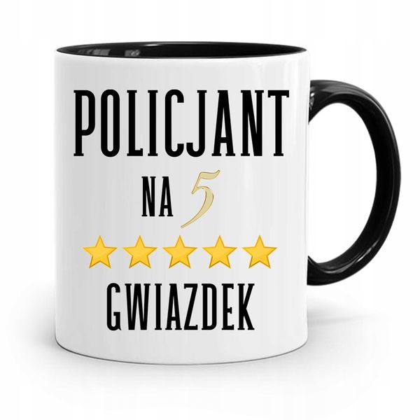 Kubek Czarny Dla Policjanta Na Pięć Gwiazdek Z Nadrukiem Ze Zdjęciem zdjęcie 1