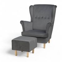 Ciemny szary Fotel Uszak + Podnóżek + Poduszka GRATIS