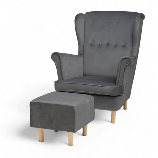 Ciemny szary Fotel Uszak + Podnóżek + Poduszka GRATIS