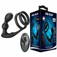 mr play wibrujący korek analny z pierścieniem, pilot, czarny silikon