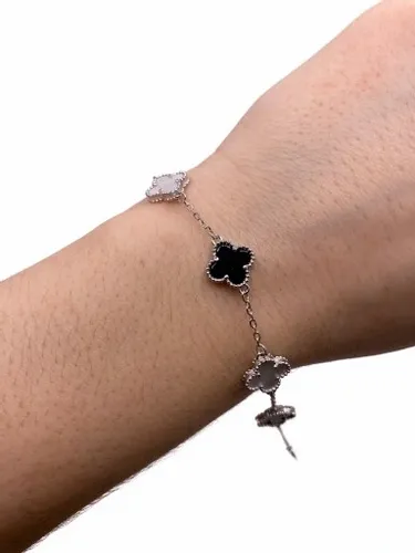 BRANSOLETKA Srebrna Damska SREBRO pr.925 Koniczyna Onyks Perłowa Koniczynka na Arena.pl