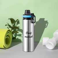 Srebrny bidon 850 ml - z rączką i zamykanym ustnikiem - z Twoim nadrukiem - niebieska opaska
