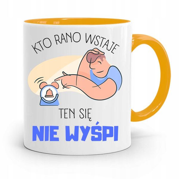 Kubek Żółty Śmieszny Zabawny Kto Rano Wstaje Z Nadrukiem Ze Zdjęciem zdjęcie 1