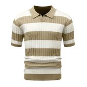 Koszulka polo męska dzianinowa w paski beżowa krótki rękaw vintage L