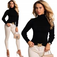 Wygodny Elastyczny Kobiecy Dopasowany SWETER Prążek Z Golfem Czarny