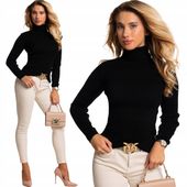 Wygodny Elastyczny Kobiecy Dopasowany SWETER Prążek Z Golfem Czarny
