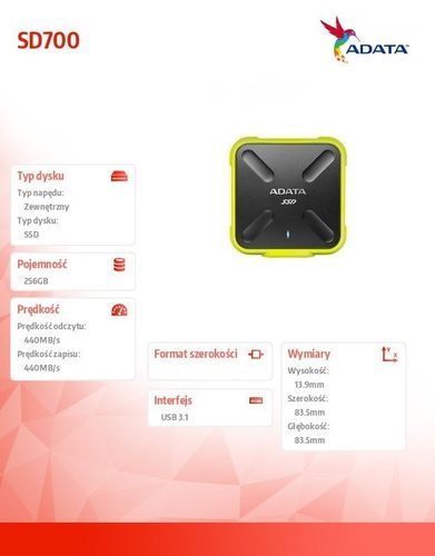 DYSK Adata SSD External SD700 256GB USB3.1 Durable Zółty na Arena.pl