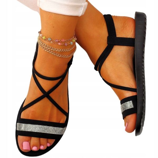 DAMSKIE SANDAŁY CZARNE LETNIE ELEGANCKIE WYGODNE CYRKONIE zdjęcie 1