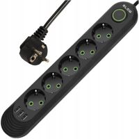 PRZEDŁUŻACZ LISTWA ZASILAJĄCA WŁĄCZNIK 3x USB 5 GNIAZD 5m UZIEMIENIE CZARNY