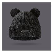 czapka zimowa pluszowa z uszami misia, z naszywką, czarna cz32wz5