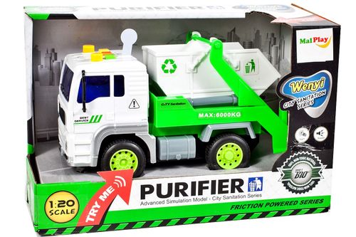 Auto śmieciarka interaktywna z białym kontenerem skala 1:20 na Arena.pl