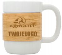Kubek ceramiczny z bambusową opaską TWOJE LOGO NAPIS gadżet firmowy 25 szt