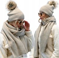 Beżowy KOMPLET damski Czapka z pomponem + duży szalik SZAL Zestaw