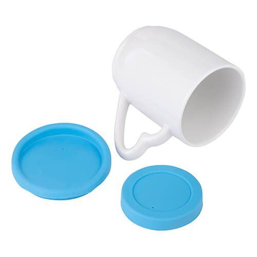 Kubek 360 ml do sublimacji z błękitną silikonową pokrywką i podstawką na Arena.pl