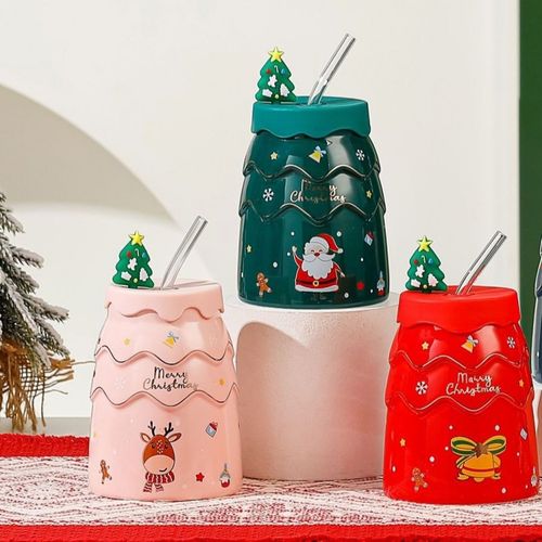 kubek świąteczny - zestaw z silikonową pokrywką i rurką 400ml, czerwony na Arena.pl