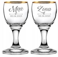 OSZUKANE KIELISZKI złote do wódki Z GRAWEREM na stopce 15ml MĄŻ ŻONA