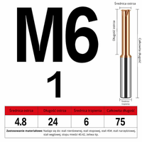 Frez do gwintowania jednoostrzowy Rozmiar: M6x1x75L -TiSiN