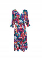 Midi Niebieska Sukienka W Kolorowe Kwiaty Gumka W Pasie L 40