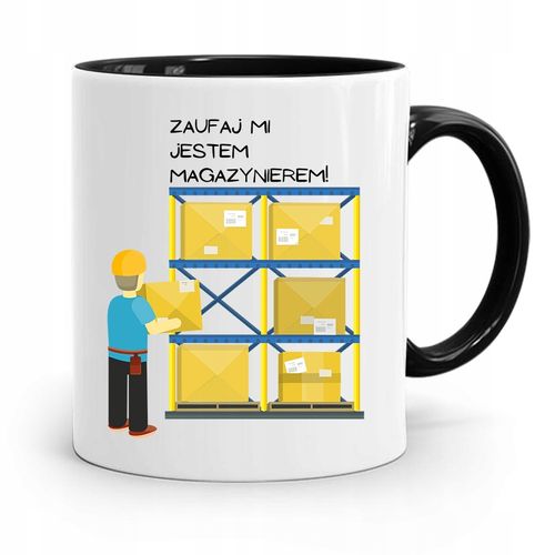 Kubek Czarny Dla Magazyniera Zaufaj Mi Jestem Z Nadrukiem Ze Zdjęciem na Arena.pl