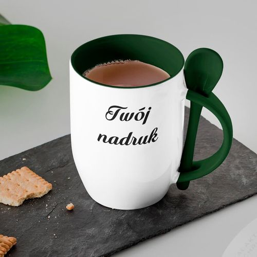 Kubek z łyżeczką z Twoim nadrukiem - zielone wnętrze, uszko i łyżeczka na Arena.pl