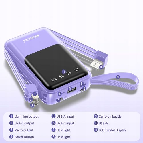 POWER BANK 10000MAH USB/USB-C QC PD WBUDOWANY KABEL Wyświetlacz cyfrowy na Arena.pl