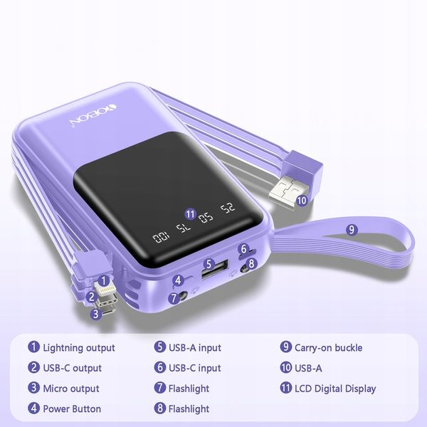 POWER BANK 10000MAH USB/USB-C QC PD WBUDOWANY KABEL Wyświetlacz cyfrowy zdjęcie 15