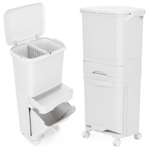 Kosz na śmieci, trzykomorowy 42 l do segregacji odpadów, na kółkach, biały na Arena.pl