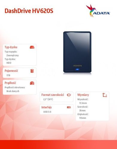 Adata DashDrive HV620S 1TB 2.5 USB3.0 Slim Niebieski na Arena.pl
