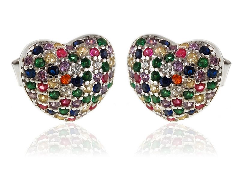 RODOWANE SREBRNE KOLCZYKI SERCA KOLOROWE CYRKONIE zdjęcie 1