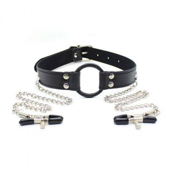 Stymulator-Ring Gag + Nipples Clamps (black) zdjęcie 1