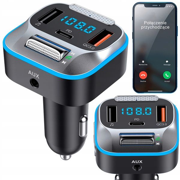 TRANSMITER ŁADOWARKA SAMOCHODOWA BLUETOOTH FM AUX JACK SAMOCHODOWY USB C zdjęcie 1