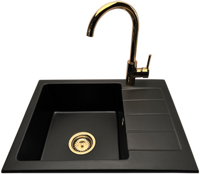 Zlewozmywak jednokomorowy z ociekaczem ADAL czarny z prawym ociekaczem + bateria złota