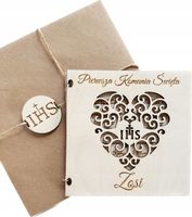 Drewniana KARTKA Życzenia Komunia Prezent Pamiątka