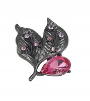 Broszka dwa listki z różowymi cyrkoniami i kryształkiem kolor srebrny 3cm