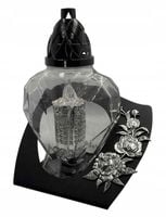 Znicz Metalowy Diament Kwiat Wkład LED~ 30 Dni Srebrny Podstawka