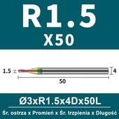 Frez kulowy, kula 2-ostrzowy VHM powłoka DLC Rozmiar: Ø3.0xR1.5x4Dx50L