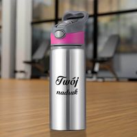 Srebrny bidon 650 ml z Twoim nadrukiem różowa wstawka