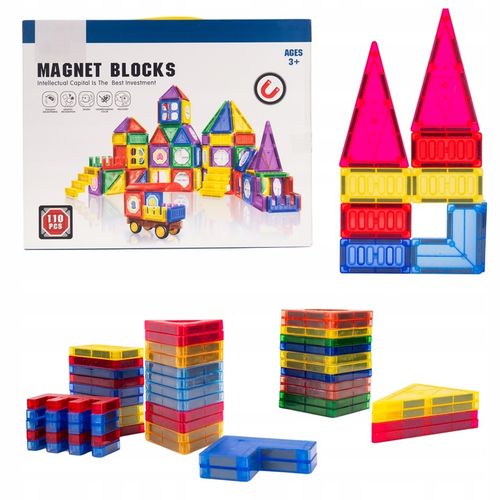 Klocki Magnetyczne 3D Zamek i Pojazdy Duży Zestaw 110 Elementów Edukacyjne na Arena.pl